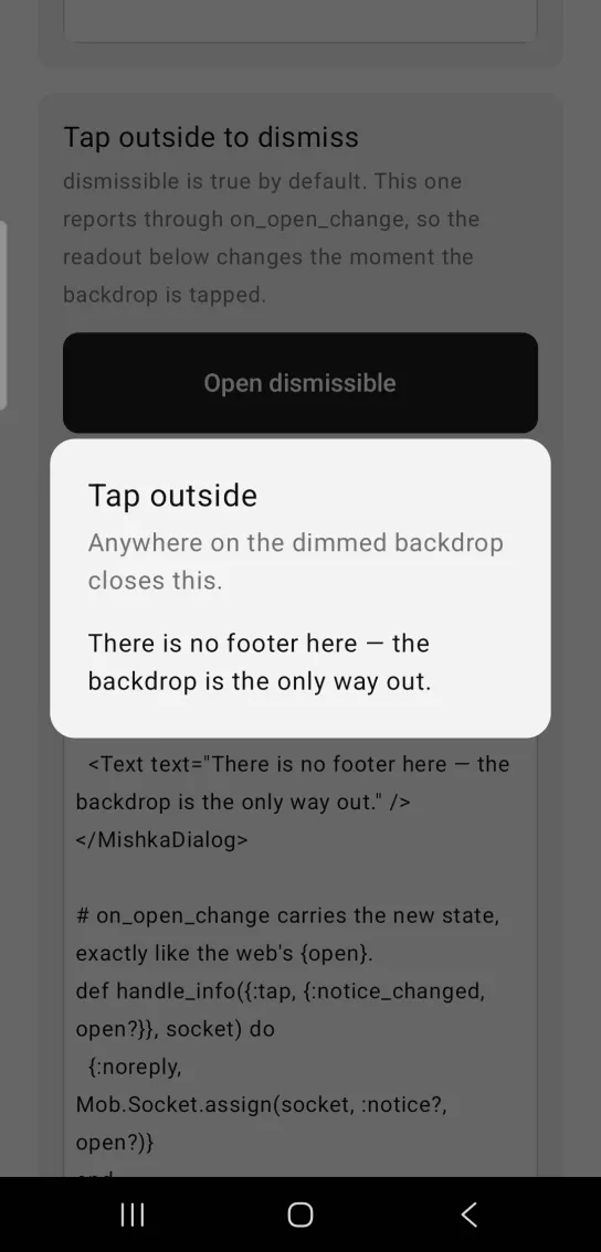A centred dialog titled Tap outside with the line Anywhere on the dimmed backdrop closes this.