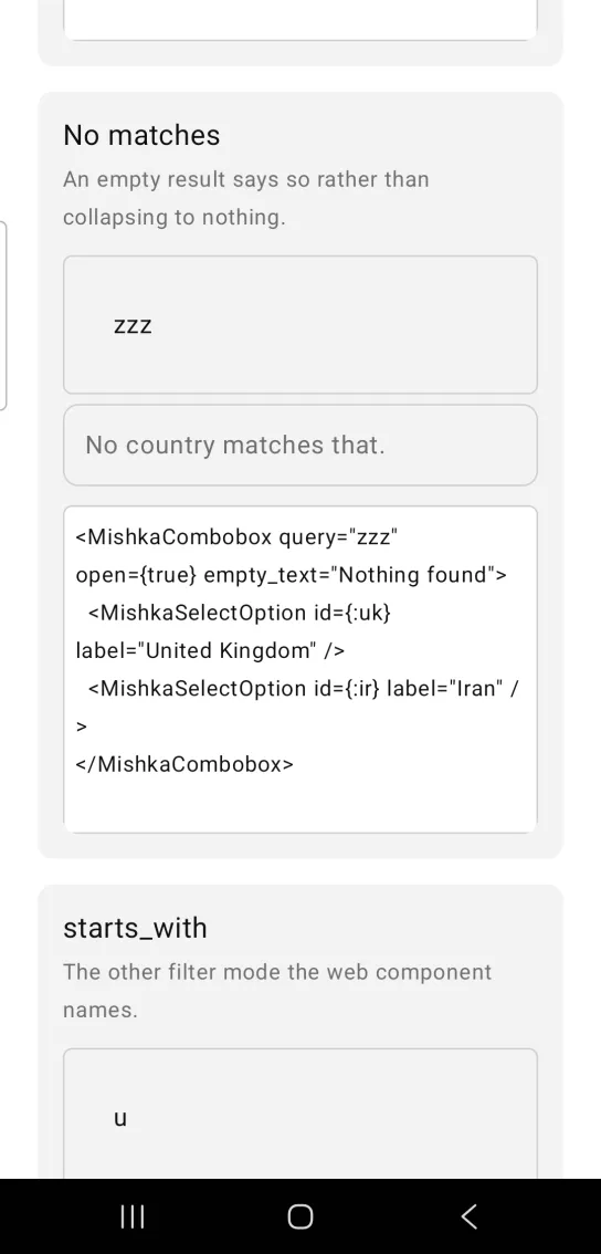 Card titled No matches, with a Combobox with zzz typed and, below it, an open list holding one muted row, No country matches that.