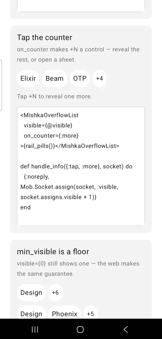 Tap the counter card with pills Elixir, Beam and OTP then a +4 counter, and the line Tap +N to reveal one more, in the MishkaMob showcase app on Android