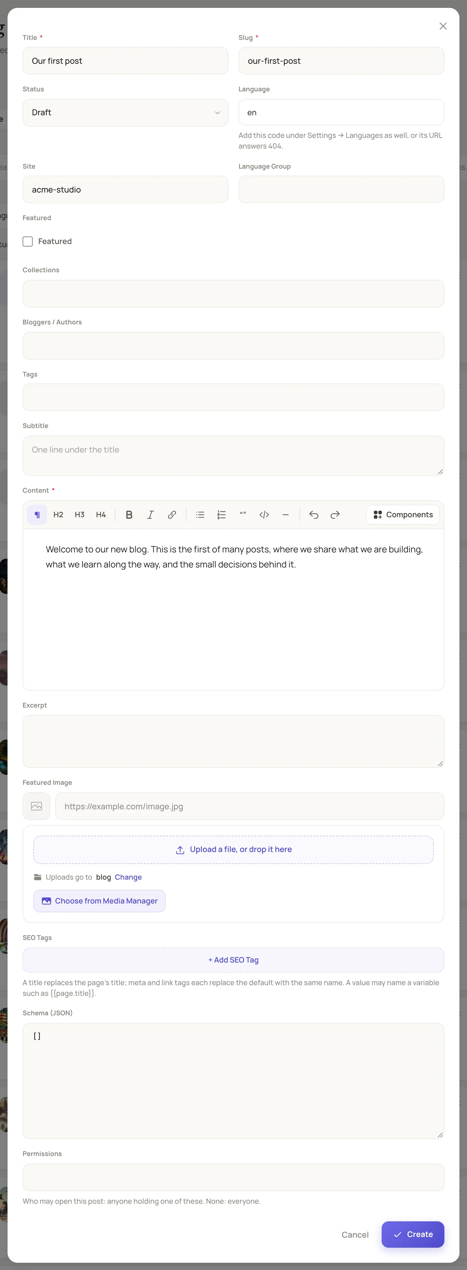 the Add Post form with Title Our first post, the Slug filled in, Status Draft, Language en and the Create button