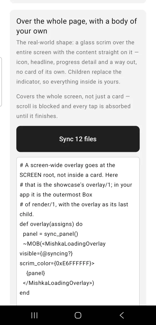 Loading overlay example card titled Over the whole page, with a body of your own, showing a screen coverage note and a dark Sync 12 files button