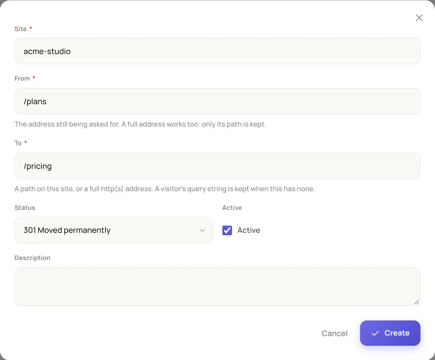 the redirect form open over the list, with From "/plans", To "/pricing", Status "301 Moved permanently", Active ticked and the Create button visible
