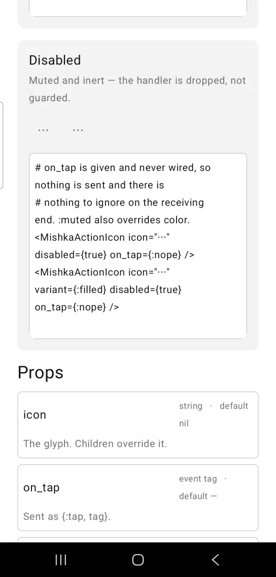 Card titled Disabled, with two faint three-dot icon buttons side by side, one plain and one filled, both in muted gray, in the MishkaMob showcase app on Android