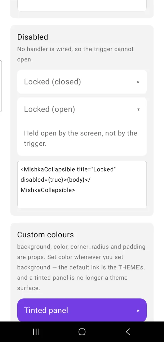 Card titled Disabled, with two muted rows: Locked (closed) with a right-pointing arrow, and Locked (open) showing the line Held open by the screen, not by the trigger