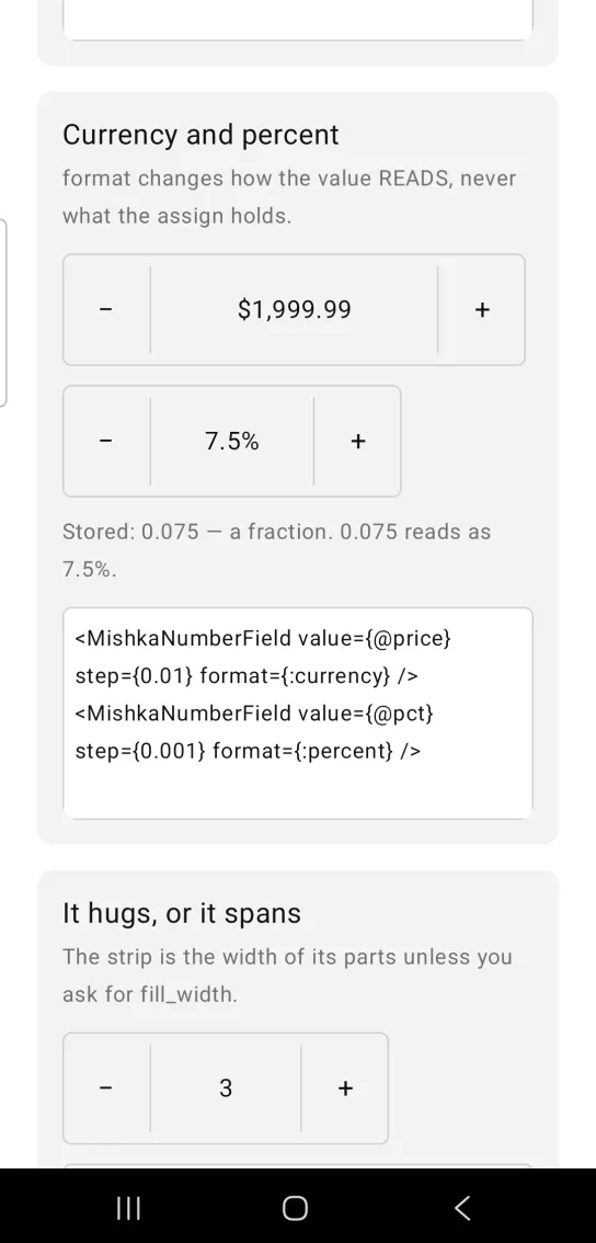 Currency and percent card with number fields showing $1,999.99 and 7.5%, and a note that 0.075 reads as 7.5%, in the MishkaMob showcase app on Android