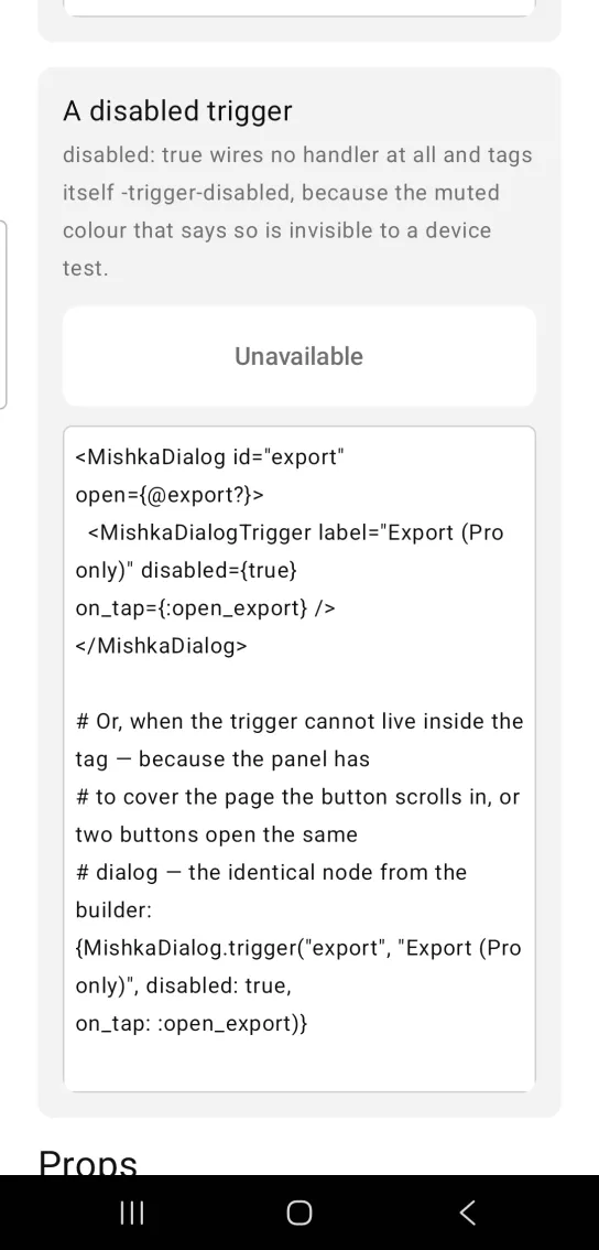 Dialog example card titled A disabled trigger, with a pale button labeled Unavailable in muted gray text, and the example code below, in the MishkaMob showcase app on Android