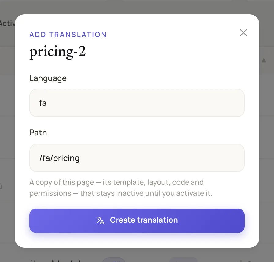 the Add translation dialog over the Pages list, with the page's name above the form, Language "fa", Path "/fa/pricing" and the Create translation button visible