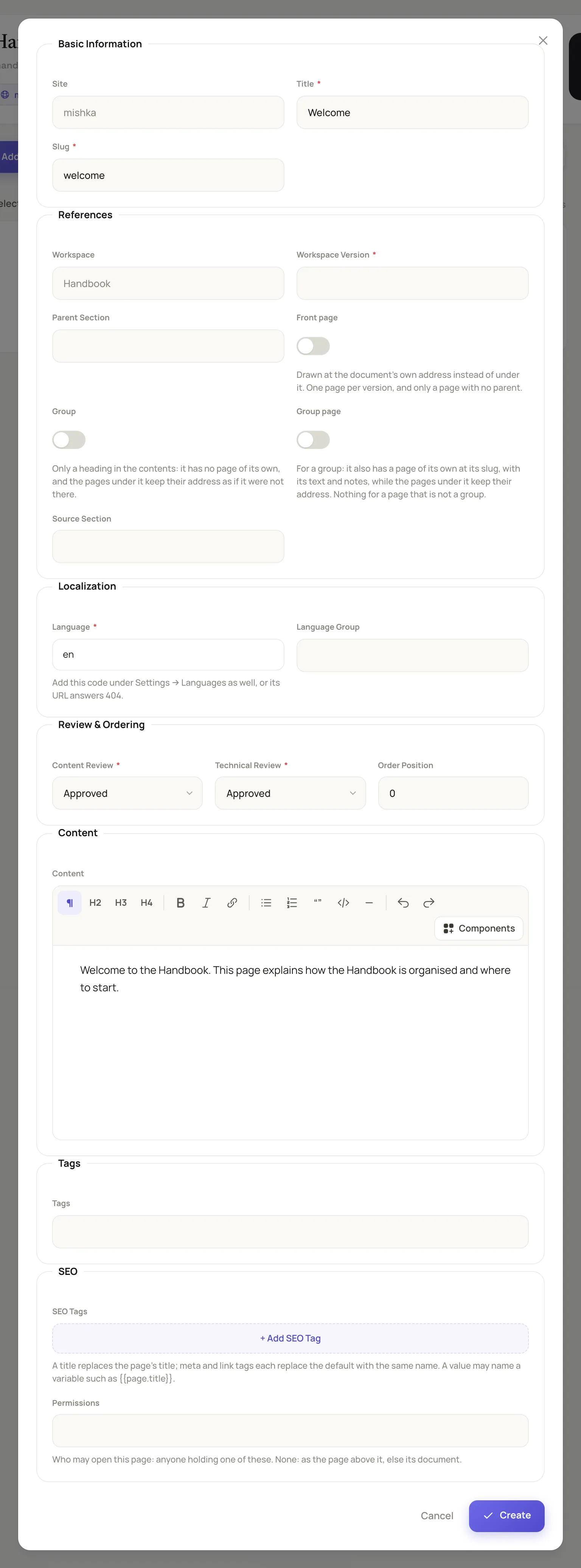 the Add Section dialog with Title Welcome, both review fields set to Approved and the Content editor holding a sentence