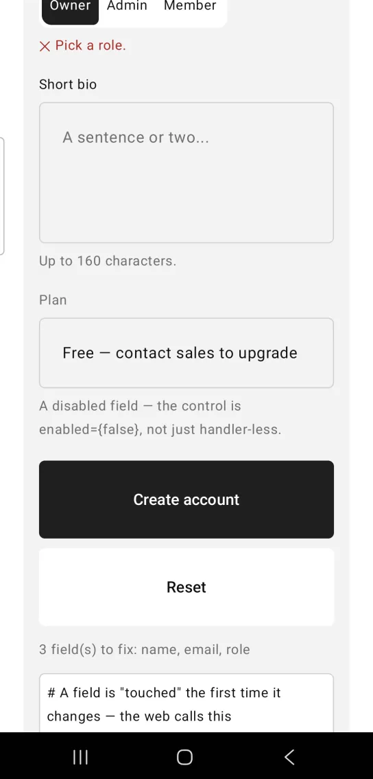 A form where Full name, Email address and Role show red error messages under their fields after Create account was tapped.