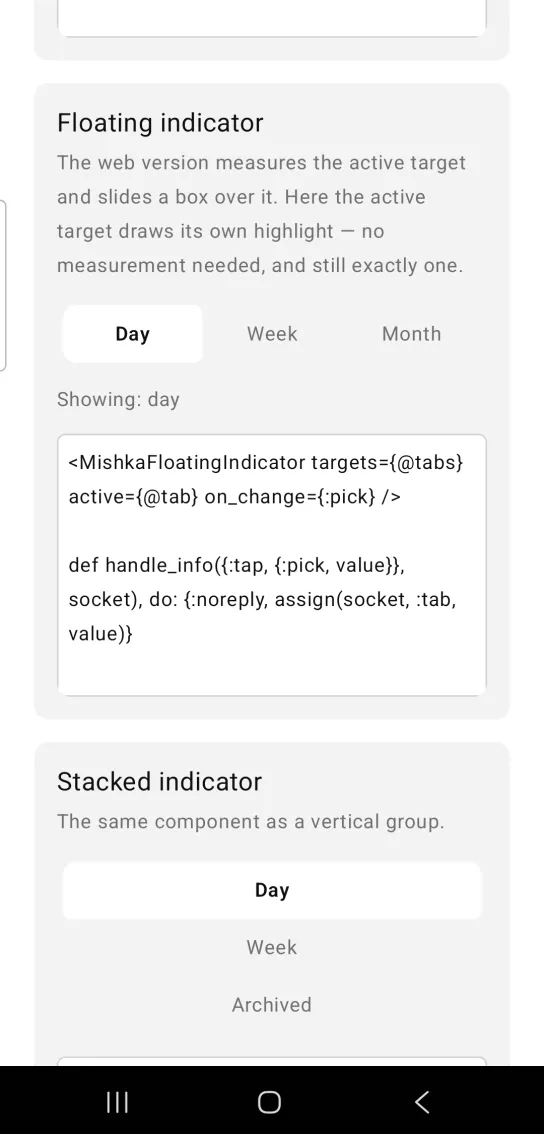 Floating indicator example card with a strip of three targets, Day raised in a white pill, then Week and Month, and the text Showing: day below it