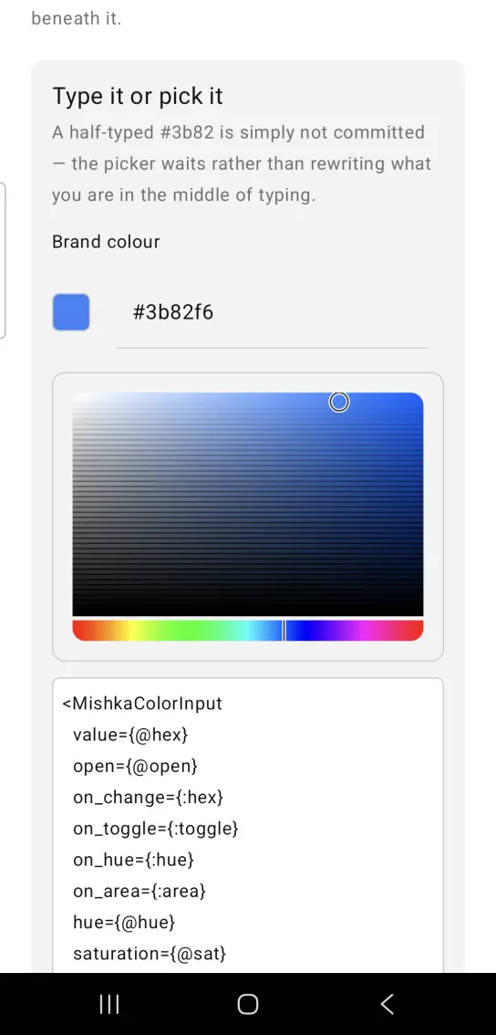 A Brand color field with a blue swatch and #3b82f6 and an open picker panel with a color square and a hue strip.