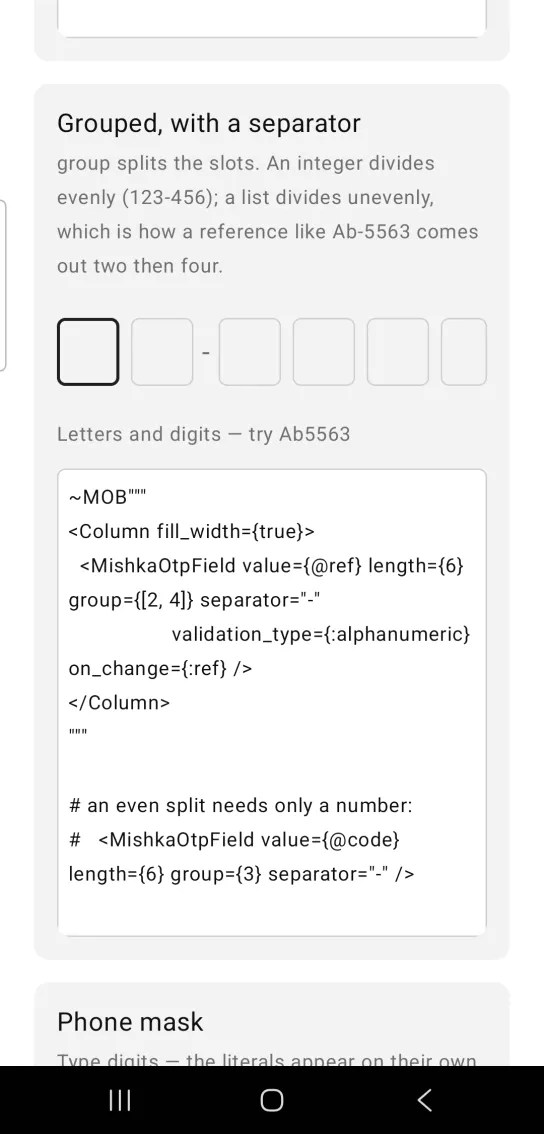 Grouped, with a separator card with six empty code boxes split by a hyphen into groups of two and four, in the MishkaMob showcase app on Android
