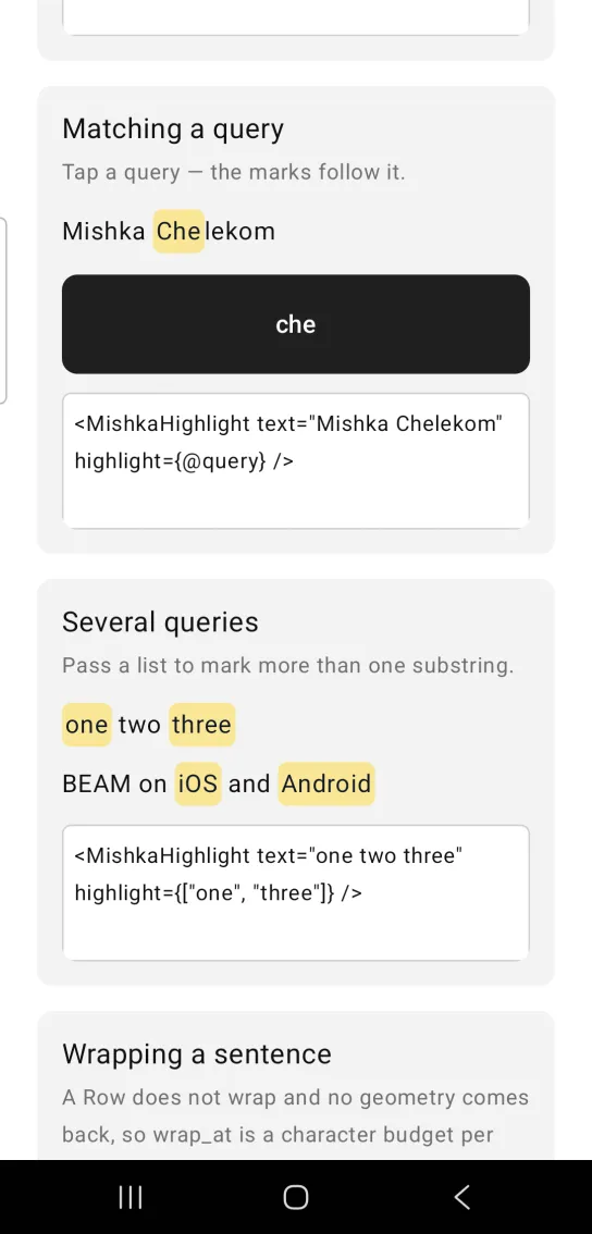 Highlight example card titled Matching a query, with the text Mishka Chelekom where Che is marked in amber, above a single dark button labeled che