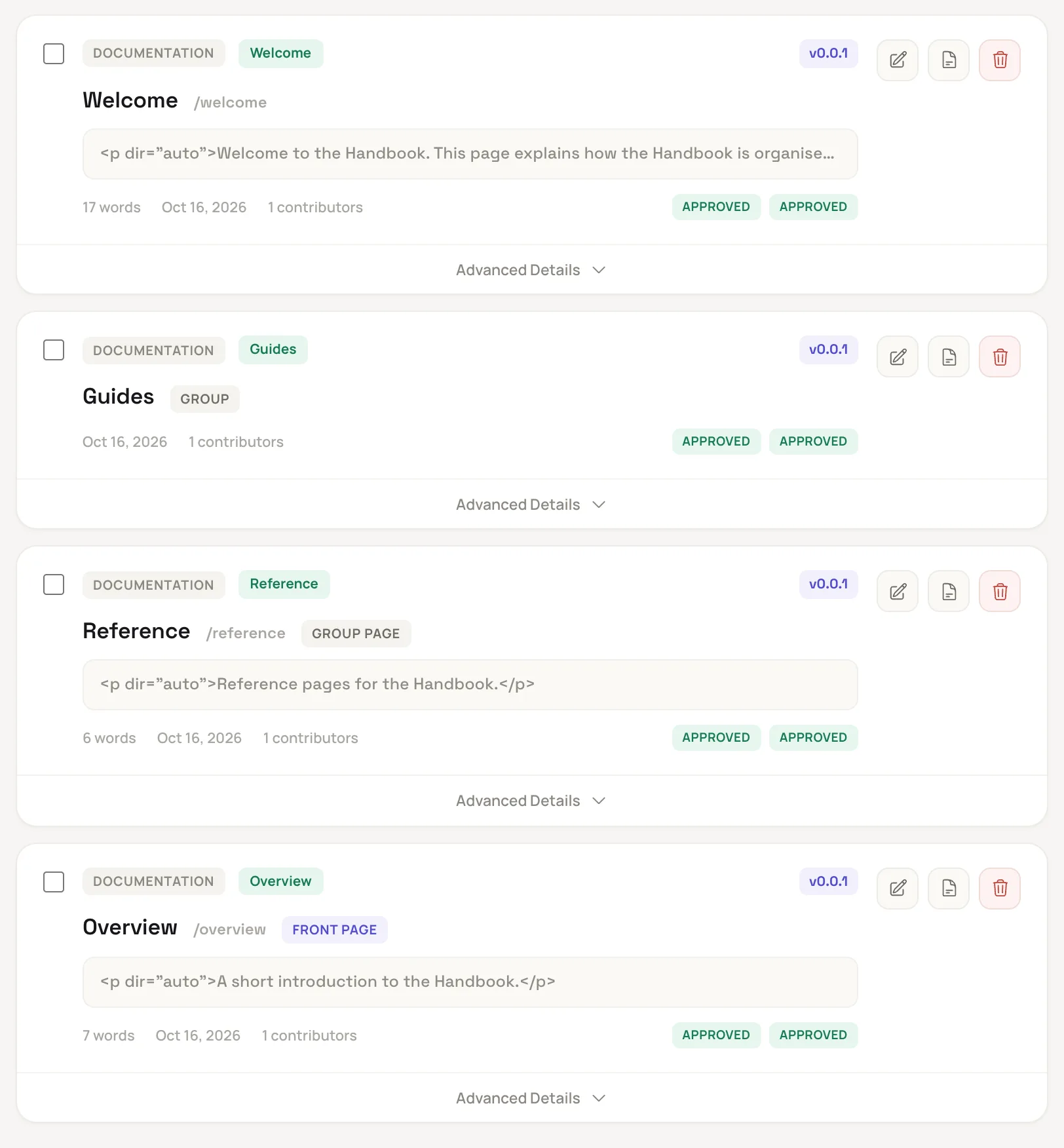 the sections list with a page marked Front page, a page marked Group and a page marked Group page