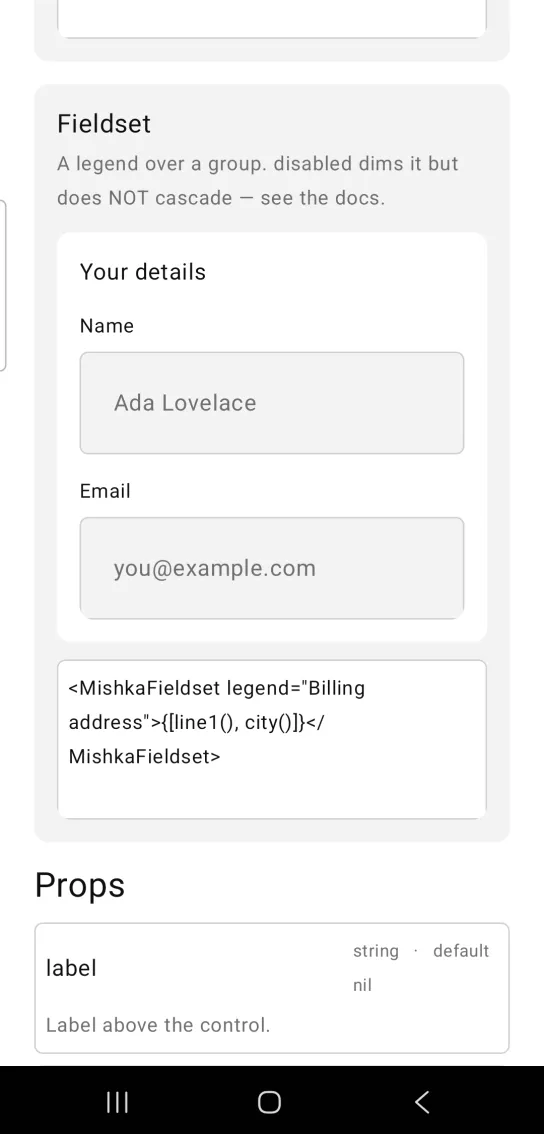 Fieldset example card with a white panel titled Your details, holding a Name box showing Ada Lovelace and an Email box showing you@example.com, in the MishkaMob showcase app on Android
