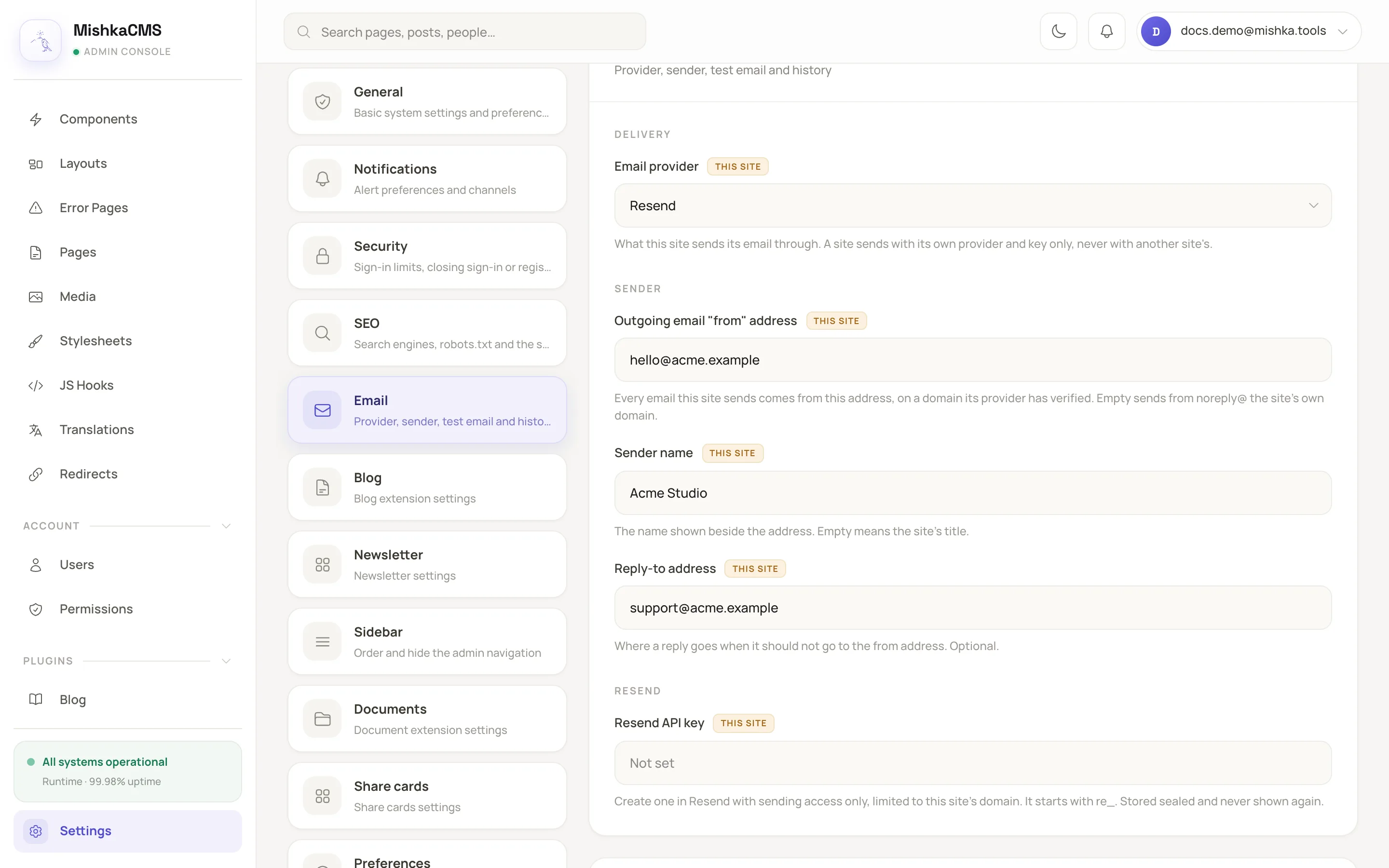 the Email tab with Email provider set to Resend, the three Sender fields filled in, and the Resend API key field with the Remove button beside it
