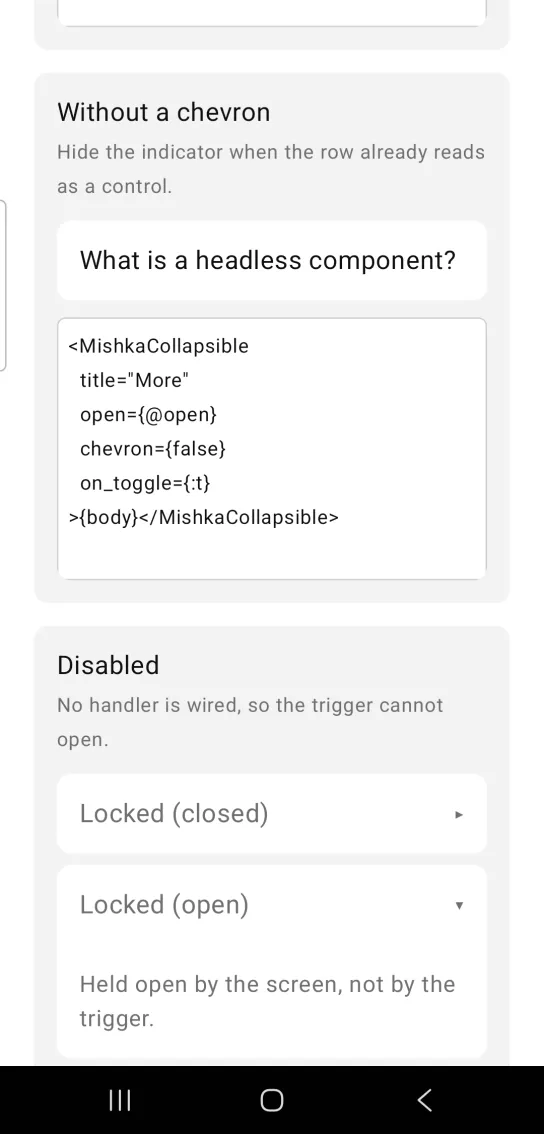 Card titled Without a chevron, with one closed white row reading What is a headless component? and no arrow at its right edge, in the MishkaMob showcase app on Android