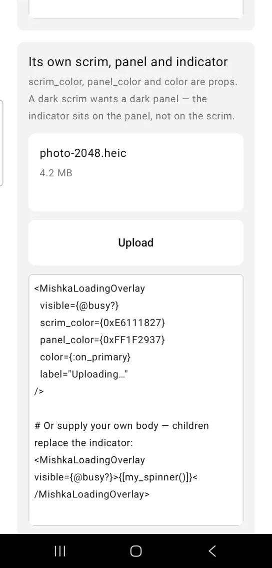 Loading overlay example card titled Its own scrim, panel and indicator, with a white photo-2048.heic card showing 4.2 MB and a white Upload button, with no overlay showing