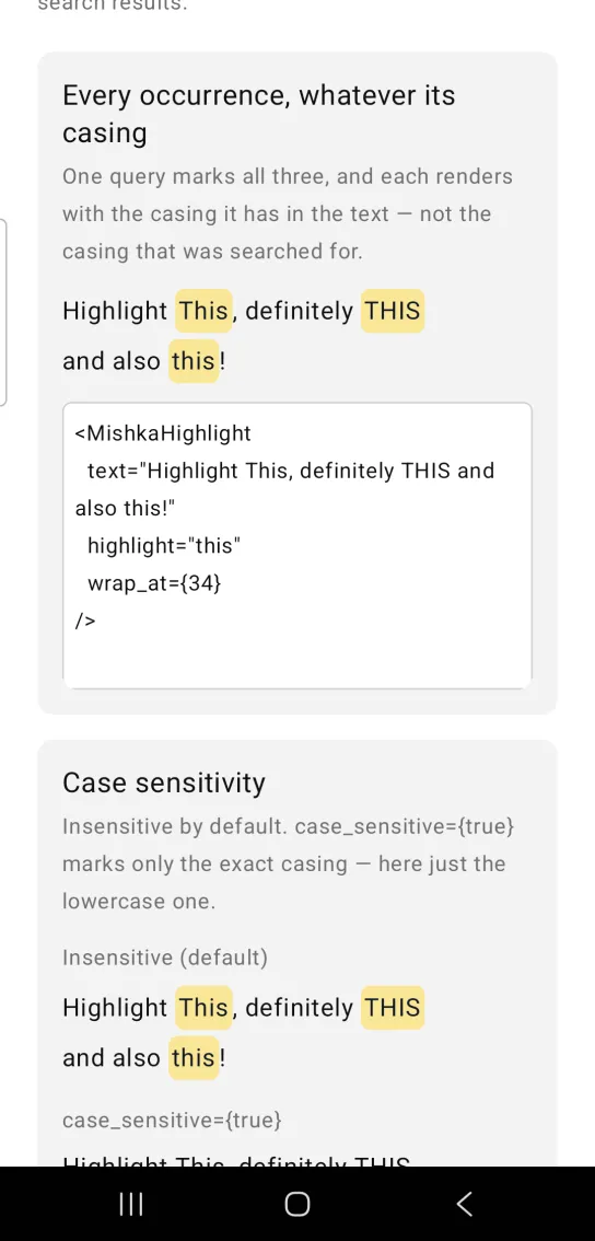 Highlight example card titled Every occurrence, whatever its casing, with the sentence Highlight This, definitely THIS and also this! and all three words marked in amber