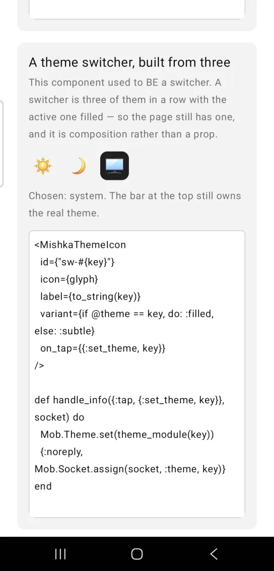 Three icon buttons for sun, moon and monitor with the monitor filled and the line Chosen: system below.