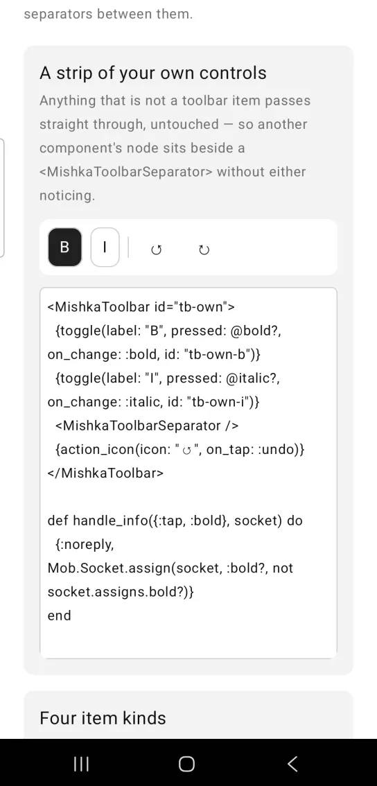 A strip of your own controls card: a toolbar with a pressed black B toggle, an outlined I toggle, a thin separator and two small rotate arrow icons