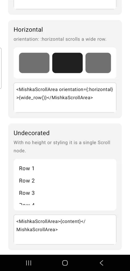 Horizontal card with a white rounded scroll area holding three tiles, gray, near black and gray, the last cut short, in the MishkaMob showcase app on Android