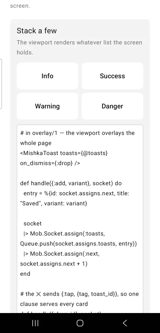 Stack a few card: a two by two grid of white buttons labeled Info, Success, Warning and Danger, with no toast showing, in the MishkaMob showcase app on Android