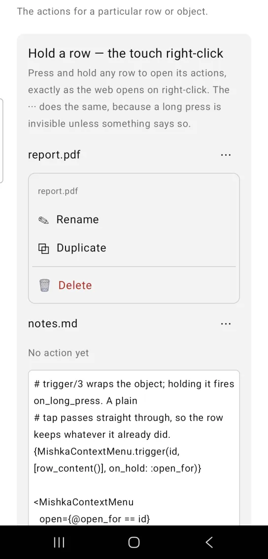 A file row report.pdf with an action menu underneath listing Rename, Duplicate and a red Delete.