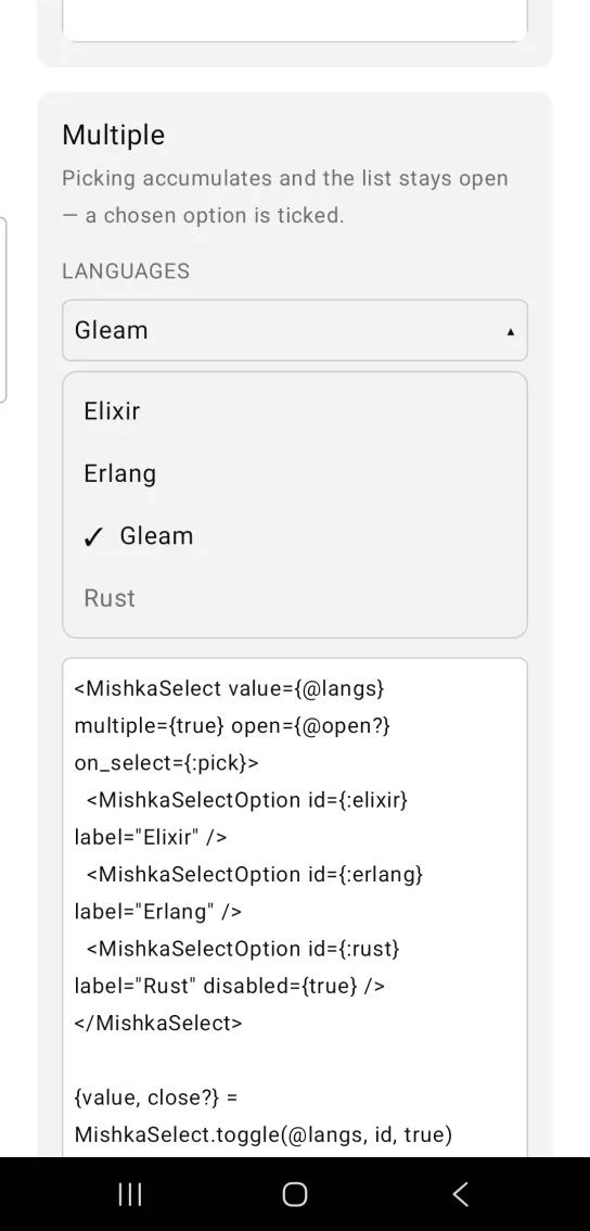 A LANGUAGES select open with Gleam ticked, Elixir and Erlang unticked and Rust greyed out.
