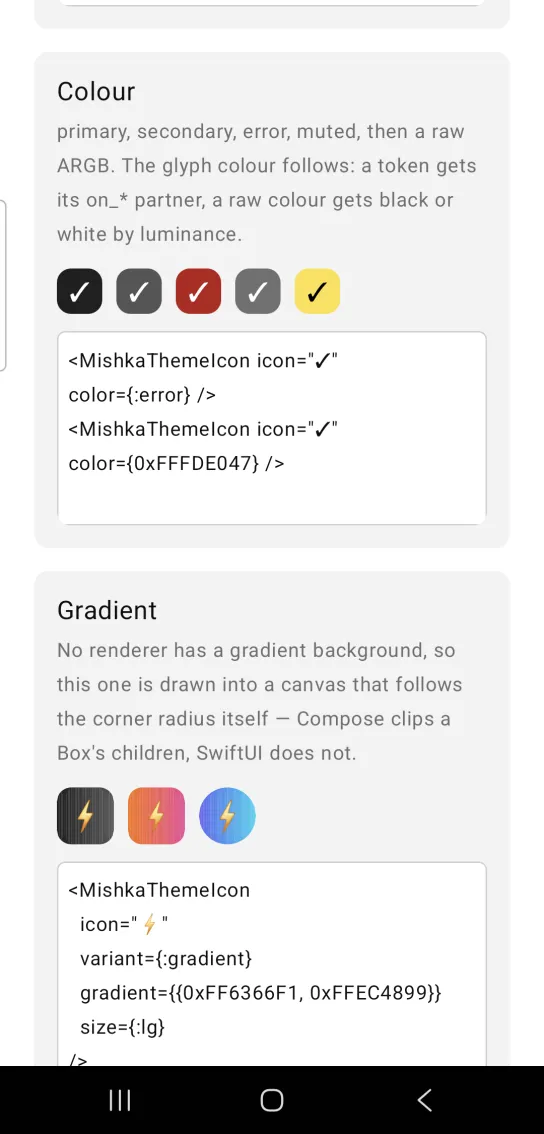 Colour card: five theme icons with a check mark glyph on near black, dark gray, dark red, mid gray and pale yellow rounded squares