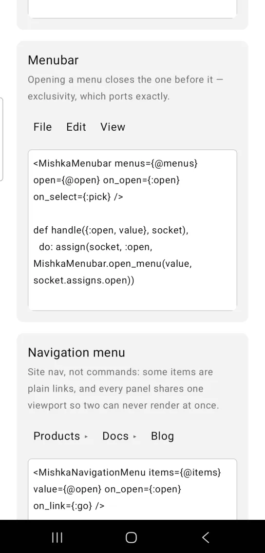Menubar example card with the triggers File, Edit and View side by side and no menu open, in the MishkaMob showcase app on Android