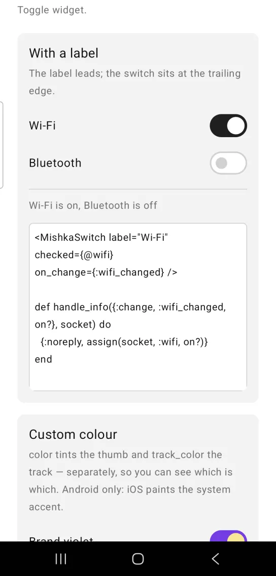 With a label card: two switch rows, Wi-Fi switched on and Bluetooth switched off, then a divider and the gray text Wi-Fi is on, Bluetooth is off