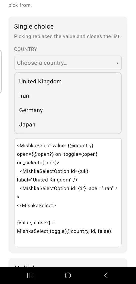 A select labelled COUNTRY open with a list of United Kingdom, Iran, Germany and Japan underneath.