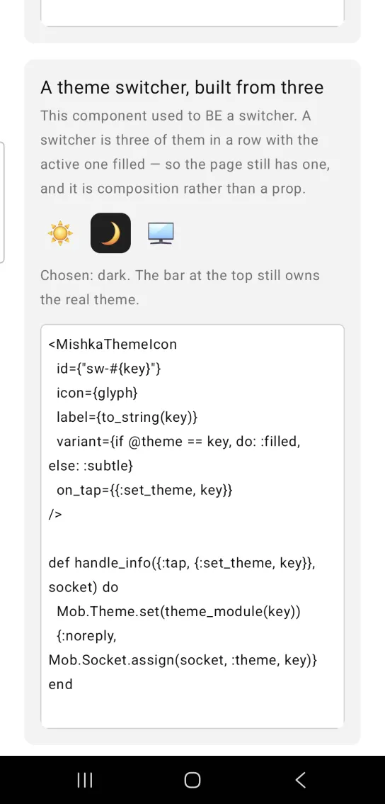 A theme switcher, built from three card: a sun, a moon filled on a near black square and a monitor, above the gray text Chosen: dark