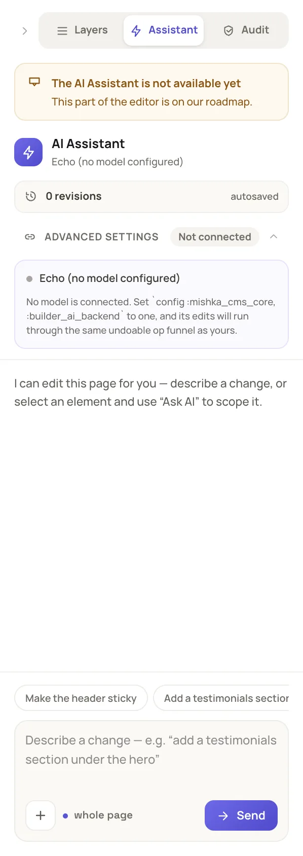 the Assistant tab of the right panel with no backend configured: the amber notice at the top, the revisions row, Advanced settings open with the Not connected badge, and Echo (no model configured) under AI Assistant