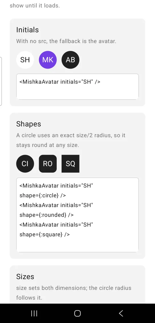 Card titled Initials, with three circular avatars in a row: SH on white, MK on violet and AB on near black, in the MishkaMob showcase app on Android