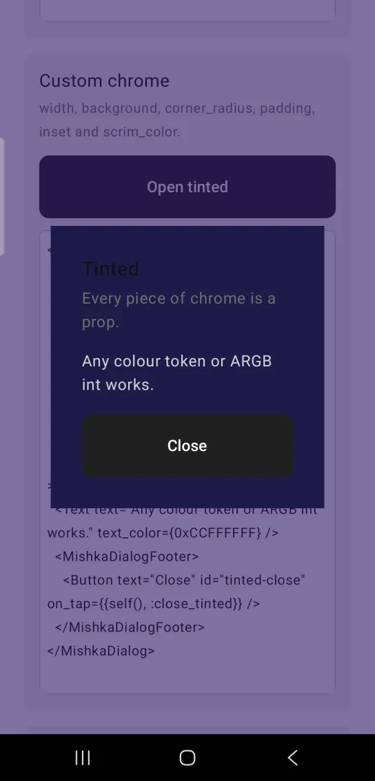 A narrow dark indigo dialog titled Tinted, with square corners, over a purple tinted backdrop.