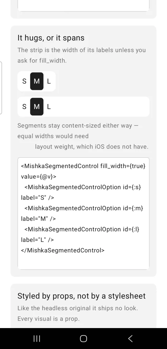 It hugs, or it spans card with two segmented controls of S, M and L, M selected in both, the first hugging its labels and the second spanning the width