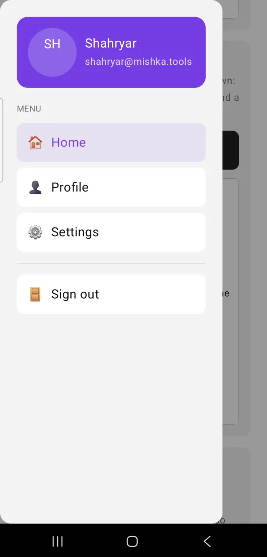 A left drawer with a violet account card, a MENU label, a highlighted Home row, Profile and Settings rows and a Sign out row at the bottom.
