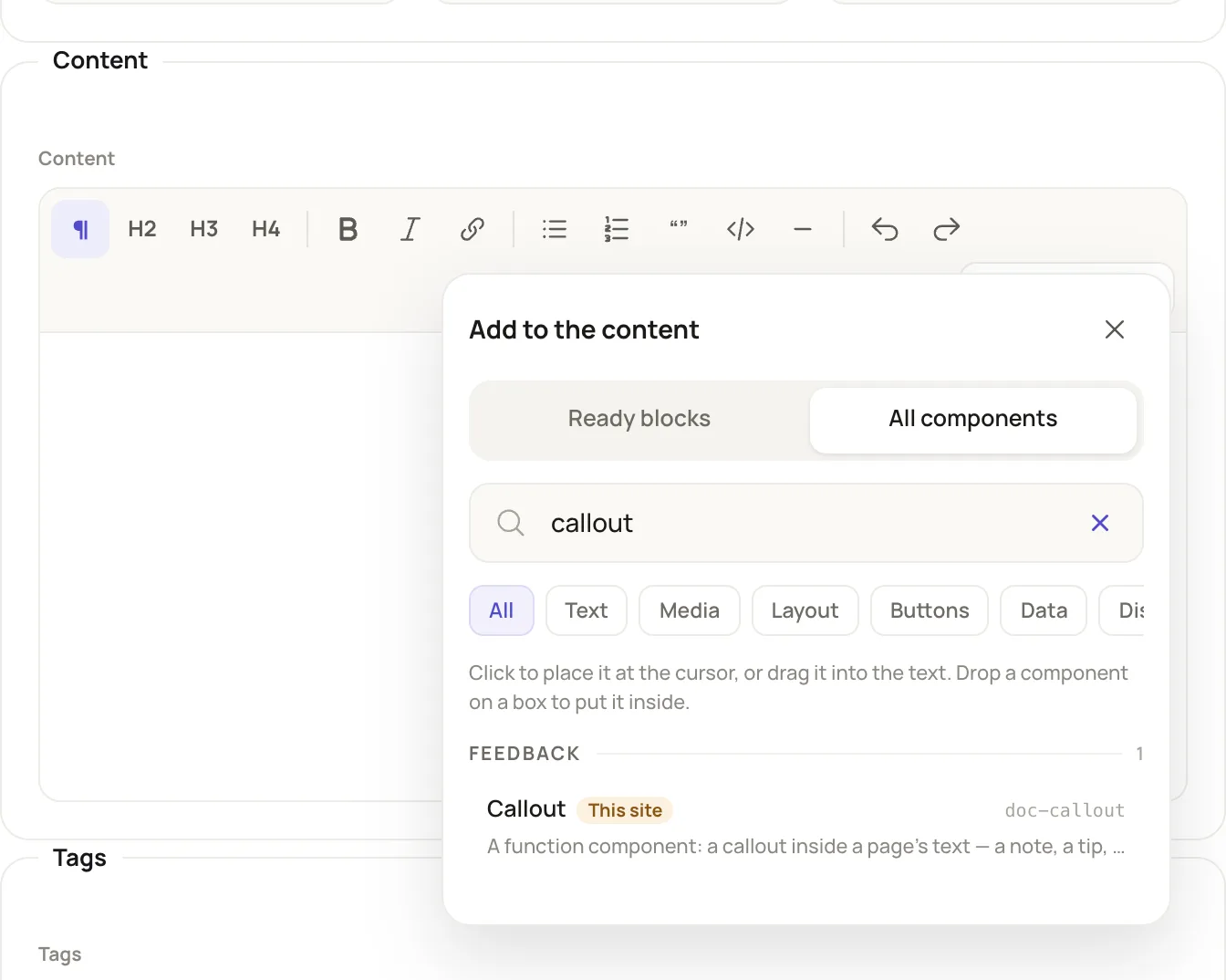 the Content editor with the Components palette open on All components and doc-callout in the results