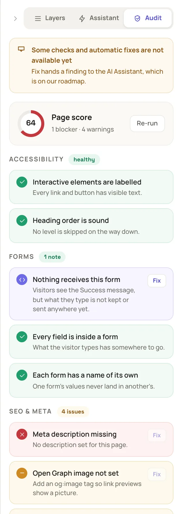 the Audit tab with the amber notice at its top and the Forms group open with the note Nothing receives this form and the passing checks