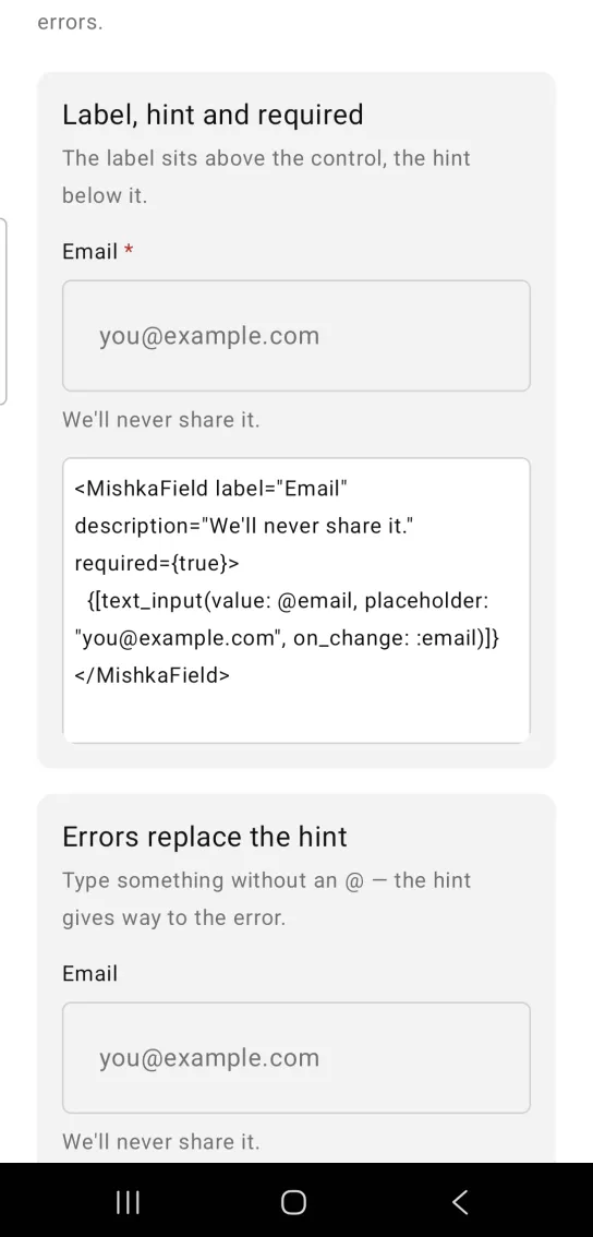 Field example card titled Label, hint and required, with a red asterisk after the label Email, a text box with the placeholder you@example.com and the hint We'll never share it.