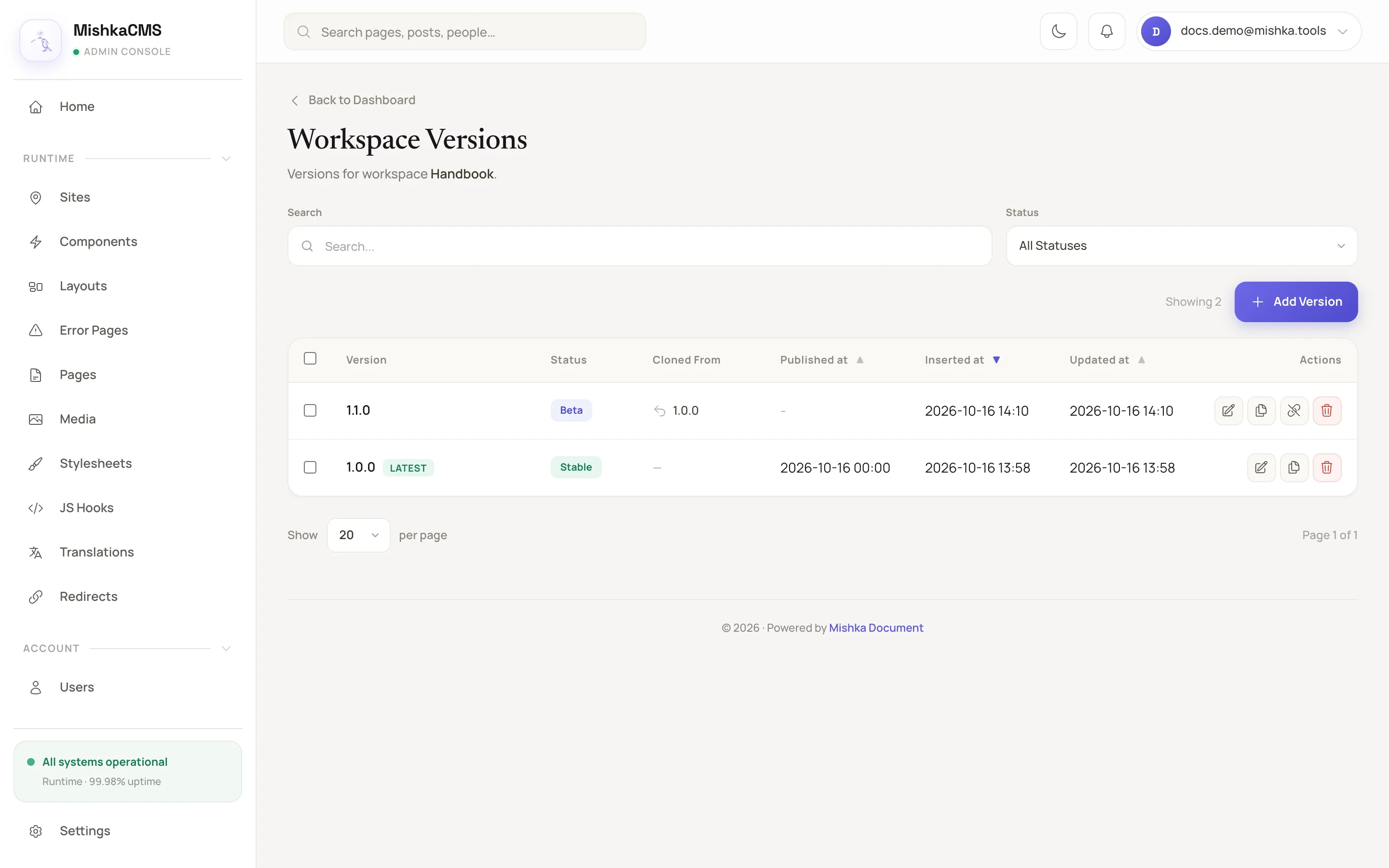 the Workspace Versions list with a Stable version marked Latest and a Beta version with its Cloned From column filled in