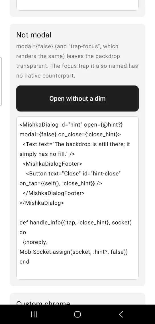 Dialog example card titled Not modal, with a dark Open without a dim button, the dialog closed, and the example code below, in the MishkaMob showcase app on Android