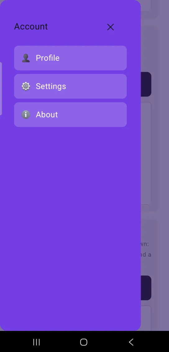 A violet drawer titled Account on the left edge of the screen over a purple tinted backdrop.