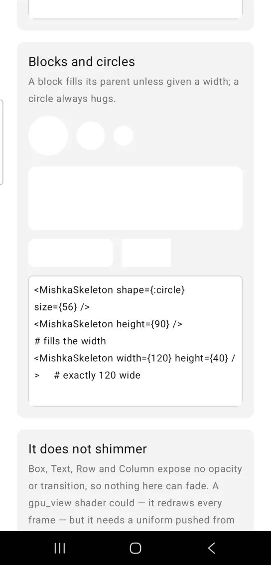 Blocks and circles card: pale Skeleton circles in three sizes, a wide rounded block and two smaller blocks side by side, in the MishkaMob showcase app on Android