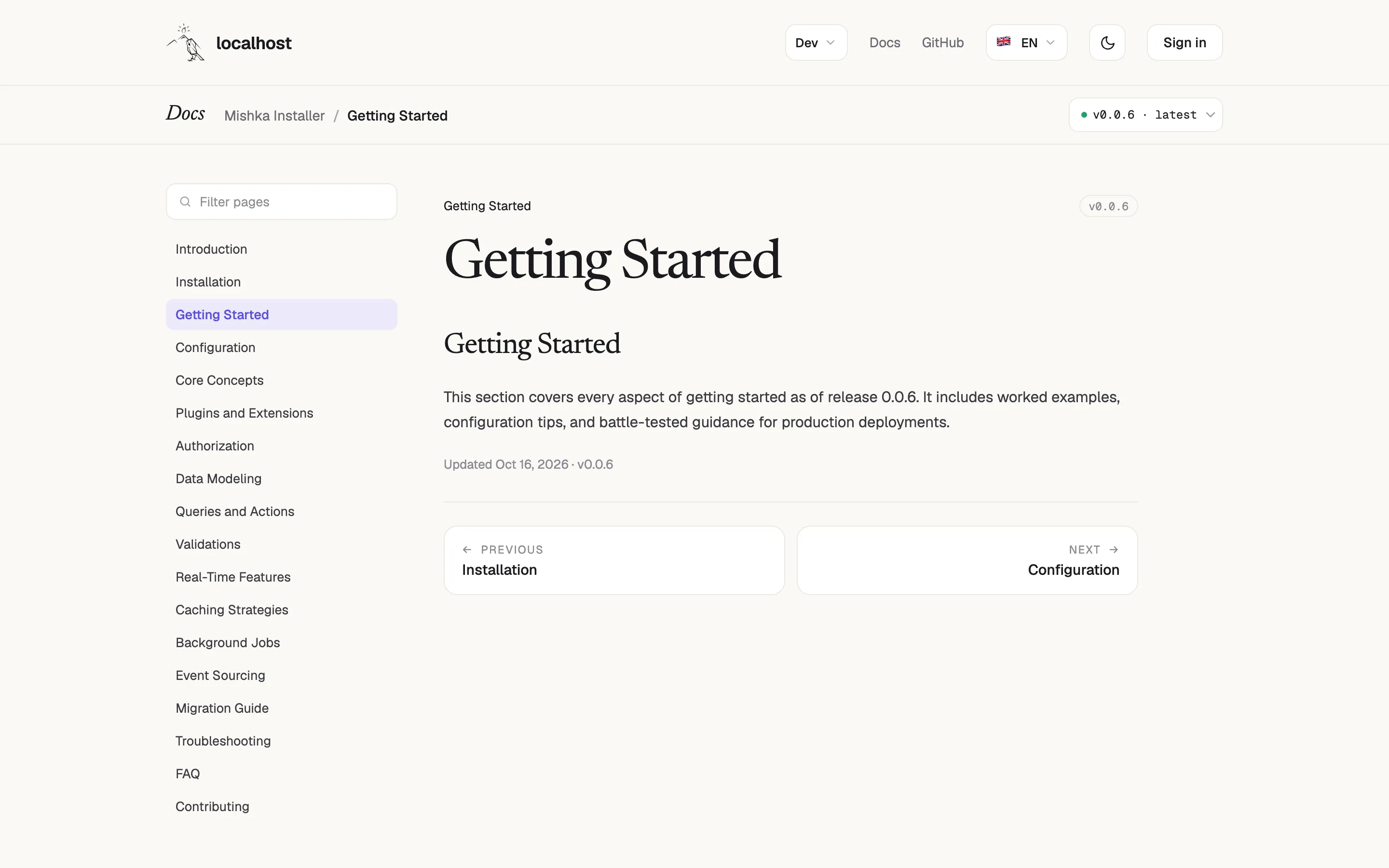 a document's page with the header and its language dropdown, the Docs bar with the breadcrumb and the version menu, the contents column with its Filter pages box, and the page with its previous and next cards