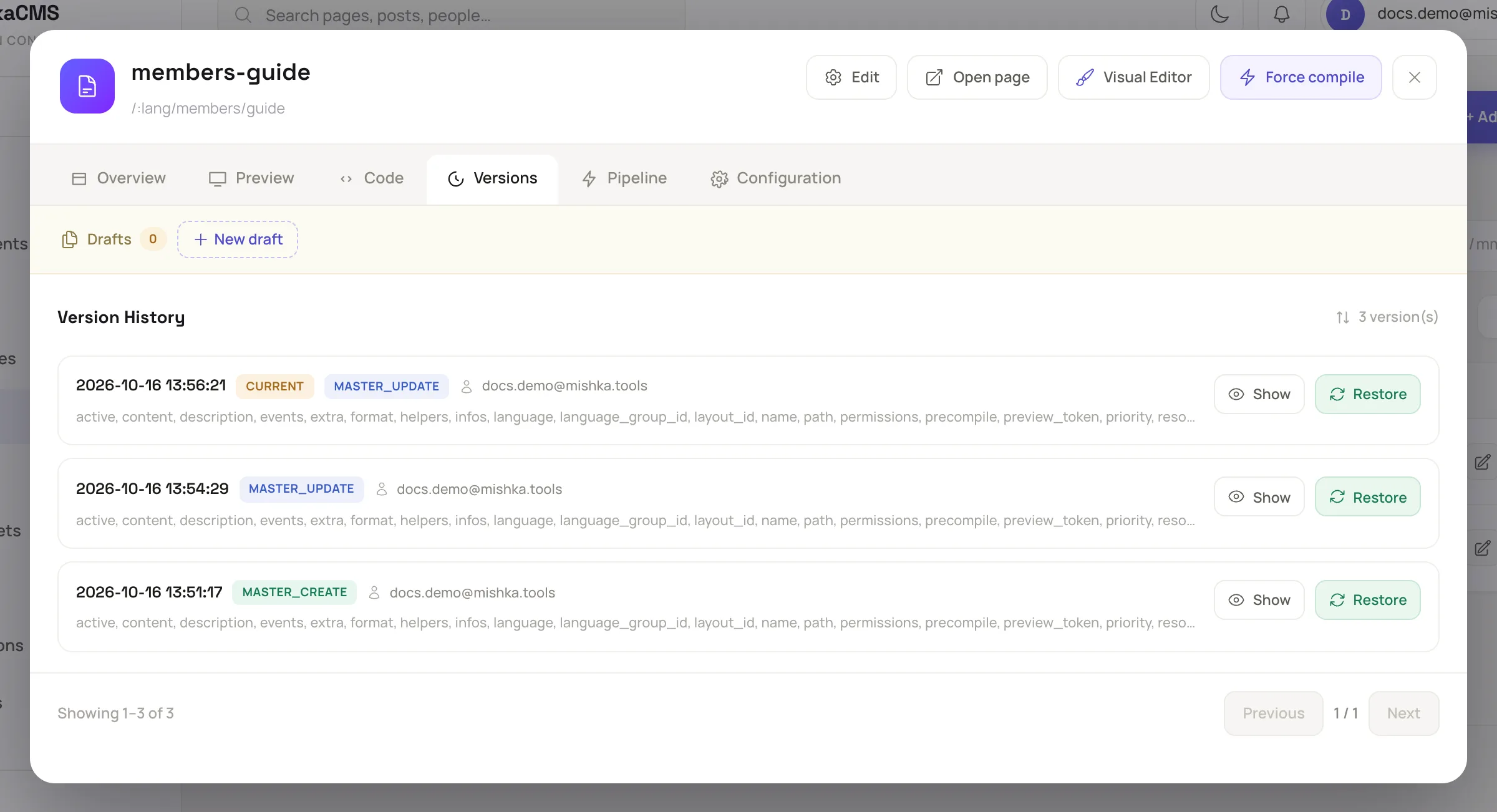 the Versions tab of a page's View dialog, with Version History above rows that each have Show and Restore, the newest marked Current, and the pager at the bottom