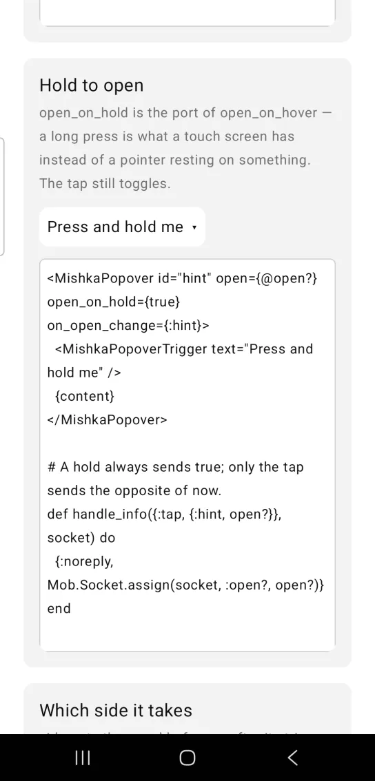 Hold to open card with a closed popover trigger, a white button labeled Press and hold me with a small down arrow, in the MishkaMob showcase app on Android