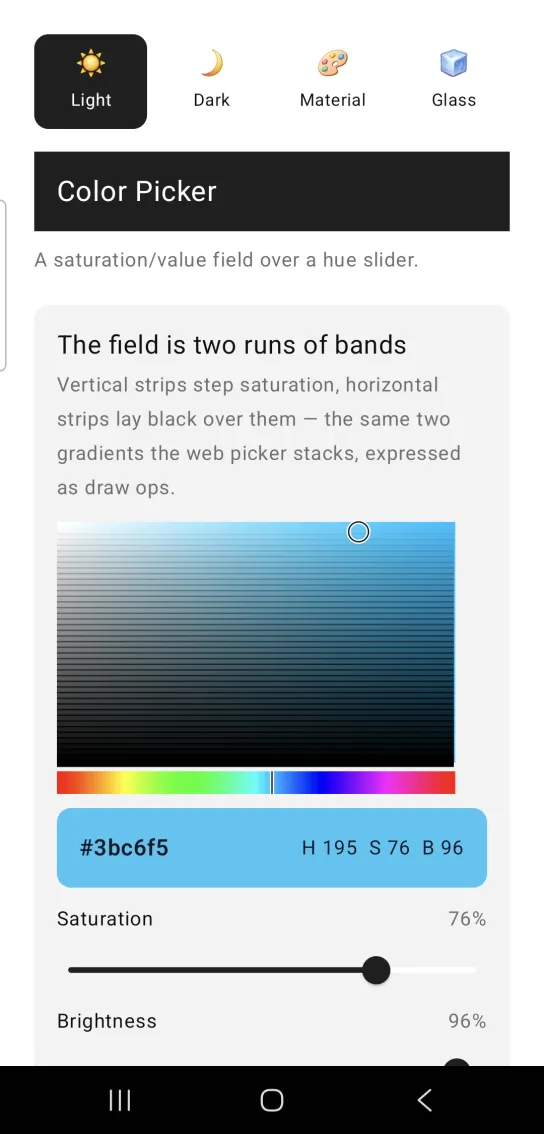 Card titled The field is two runs of bands: a sky blue striped color field with a round marker, a rainbow hue strip and a #3bc6f5 preview box